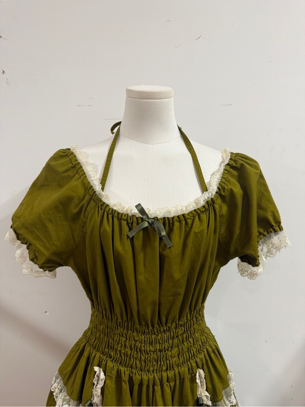 Innocent World M/L Olive Green Lace-Trim Tiered Tulle Dress Cottagecore Coquette - Picture 2 of 10